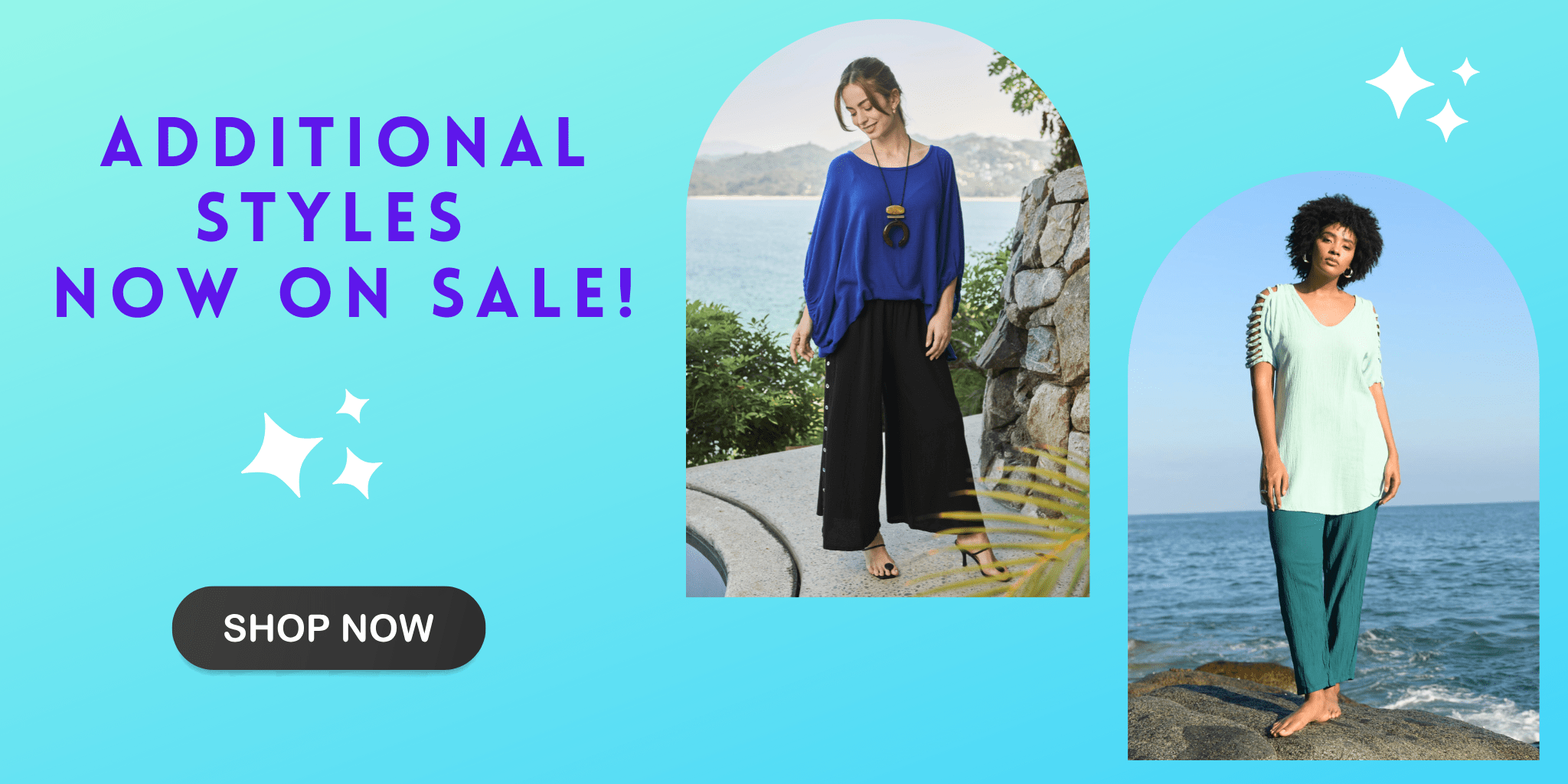 Promotional banner with two people wearing outfits by a body of water, with text about additional styles on sale.