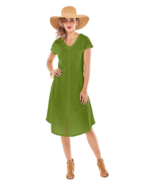 green gauze dress Kaley Cotton Size:16 x 36 Modest Shirt Dress KissProm One-Shoulder Ruched A-Line down front